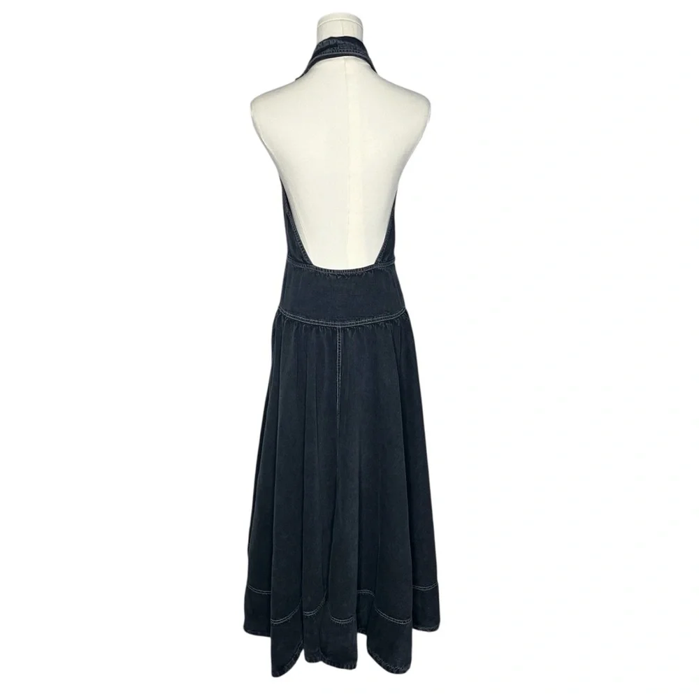 Free People Black Denim Button Down Halter Neck Backless Soundwave Maxi Dress